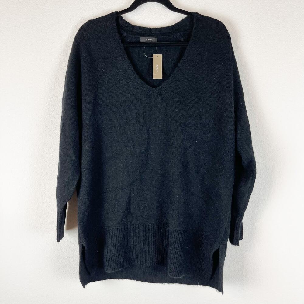 J. Crew Wool Alpaca Tunic Sweater Womens XS Black V Neck Stretch Knit Oversized
